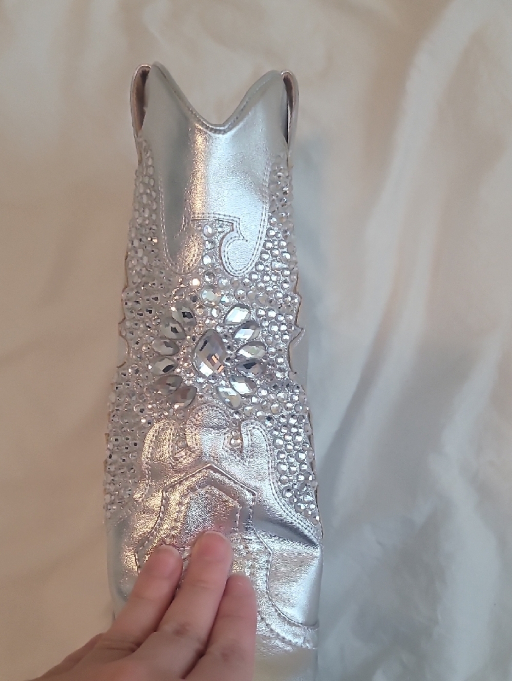 Silver Western-Style Mid-Calf Boot with Embellished Stitching - Picture 4 of 7